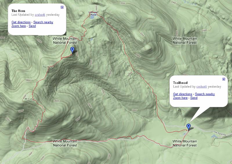 GoogleRouteCabot.jpg - Google route for The Horn, the Bulge, and Mt Cabot -  Photo by Rickey Shortt
