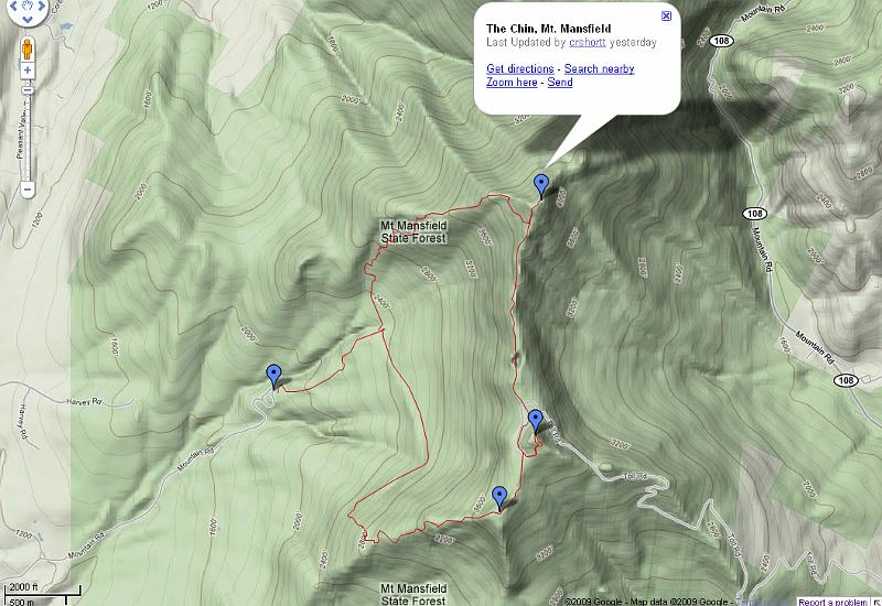 GoogleRouteMansfield.jpg - Google map route up Mt Mansfield  -  Photo by Rickey Shortt